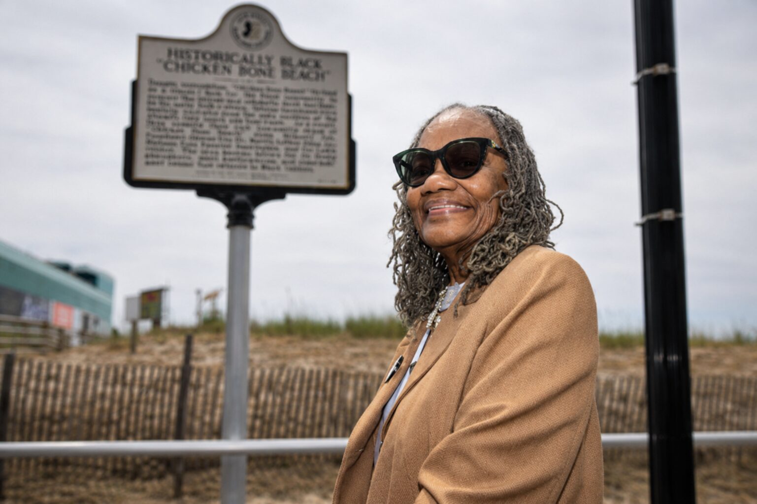 Henrietta Shelton at the Historic Black Chicken Bone Beach marker