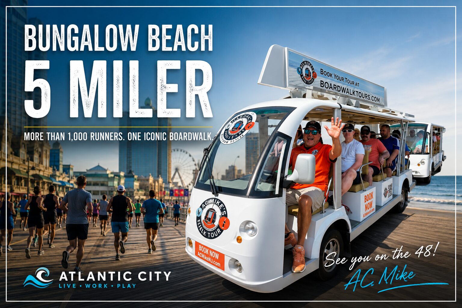 Read more about the article Bungalow Beach 5 Miler Brings 1,000+ Runners to Atlantic City Today – And AC Mike’s Boardwalk Tram Tour Keeps Rolling!