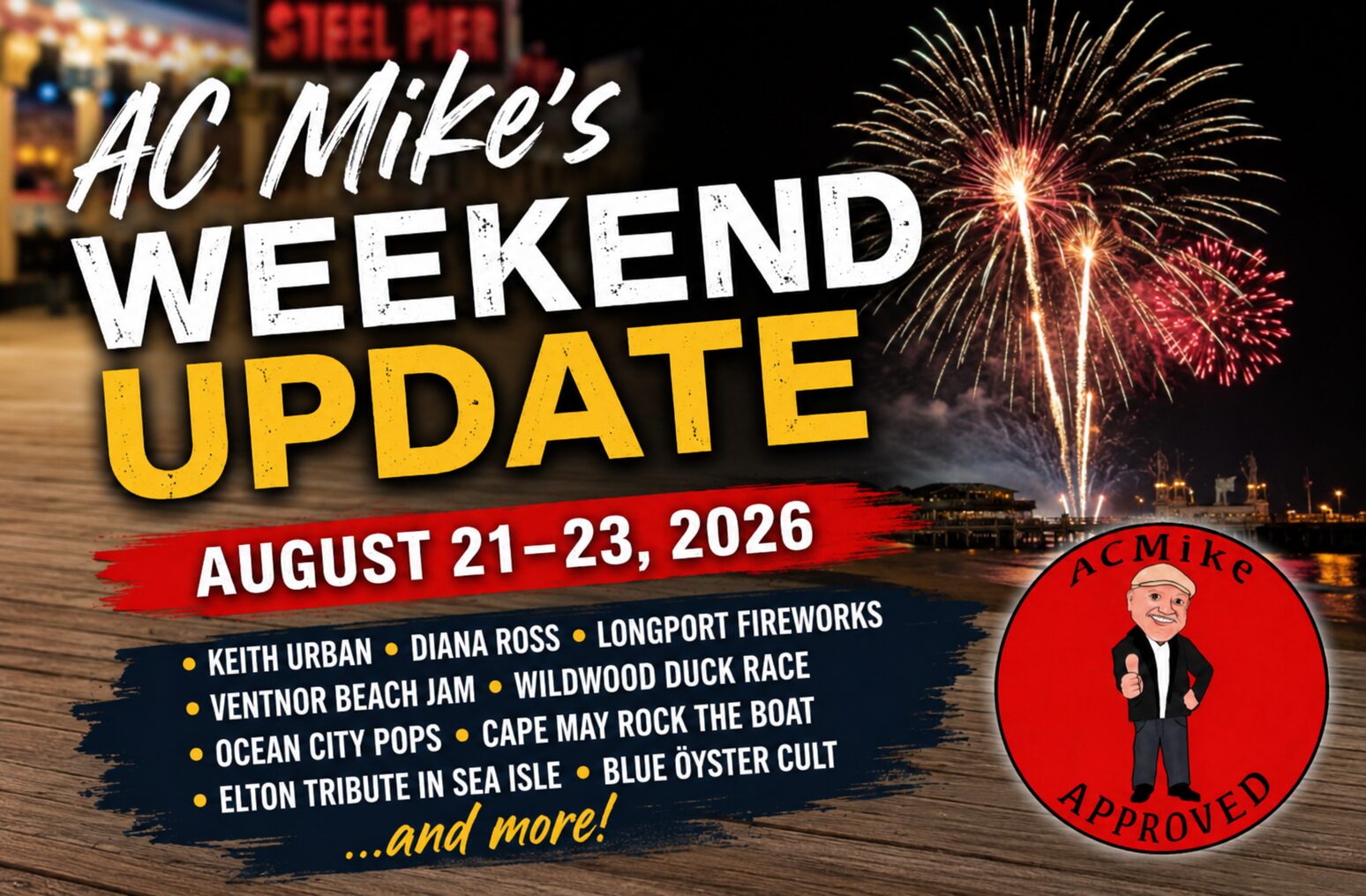 Read more about the article AC Mike’s Weekend Update: August 21–23, 2026 — Big Names, Beach Nights & One Last Blast of August